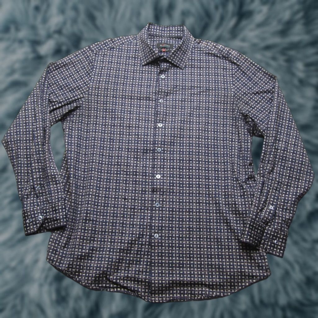 BUGATCHI Bugatchi Shirt Mens L Blue Geometric OoohCotton Tech Stretch Button Up Shirt Button-Up Long Sleeve Size US L / EU 52-54 / 3 - 1 Thumbnail