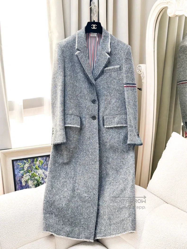 Thom Browne Thom Browne Gray Snowflake Tweed Fringe Edge Long Wool Coa Size XS / US 0-2 / IT 36-38 - 1 Thumbnail