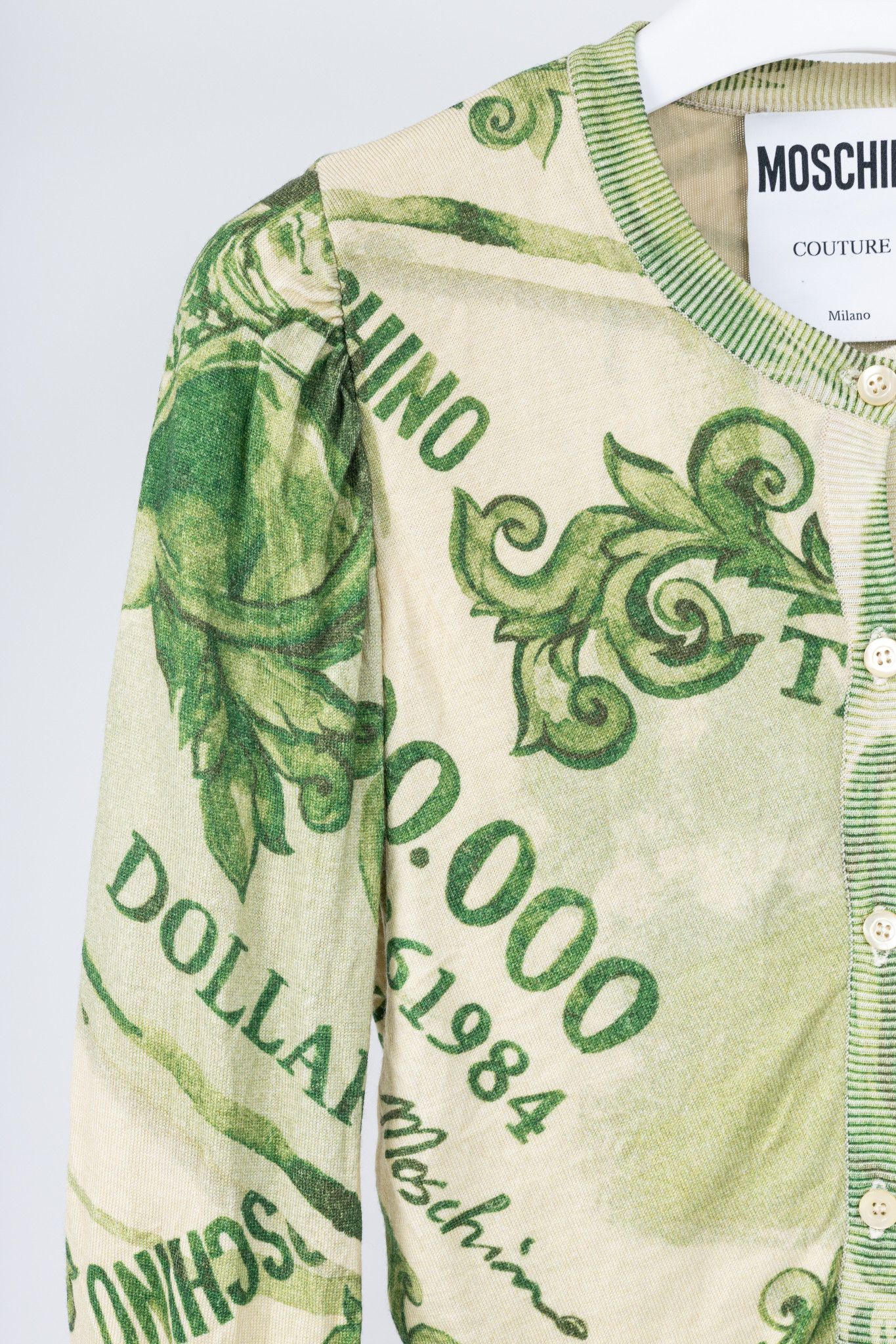 Moschino Moschino AW/19 Green Wool Money-Print Ruched Cardigan Size M / US 6-8 / IT 42-44 - 5 Thumbnail