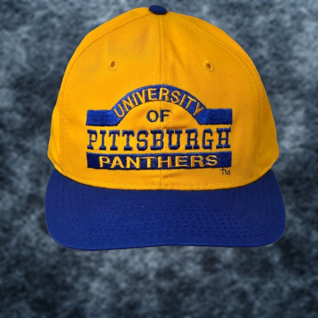 NCAA VINTAGE NCAA Pitt Panthers Snapback Hat Yellow Pitt Spellout NCAA 90s Hat Mens Adjustable Twill Cotton USA Size US 35 - 1 Thumbnail