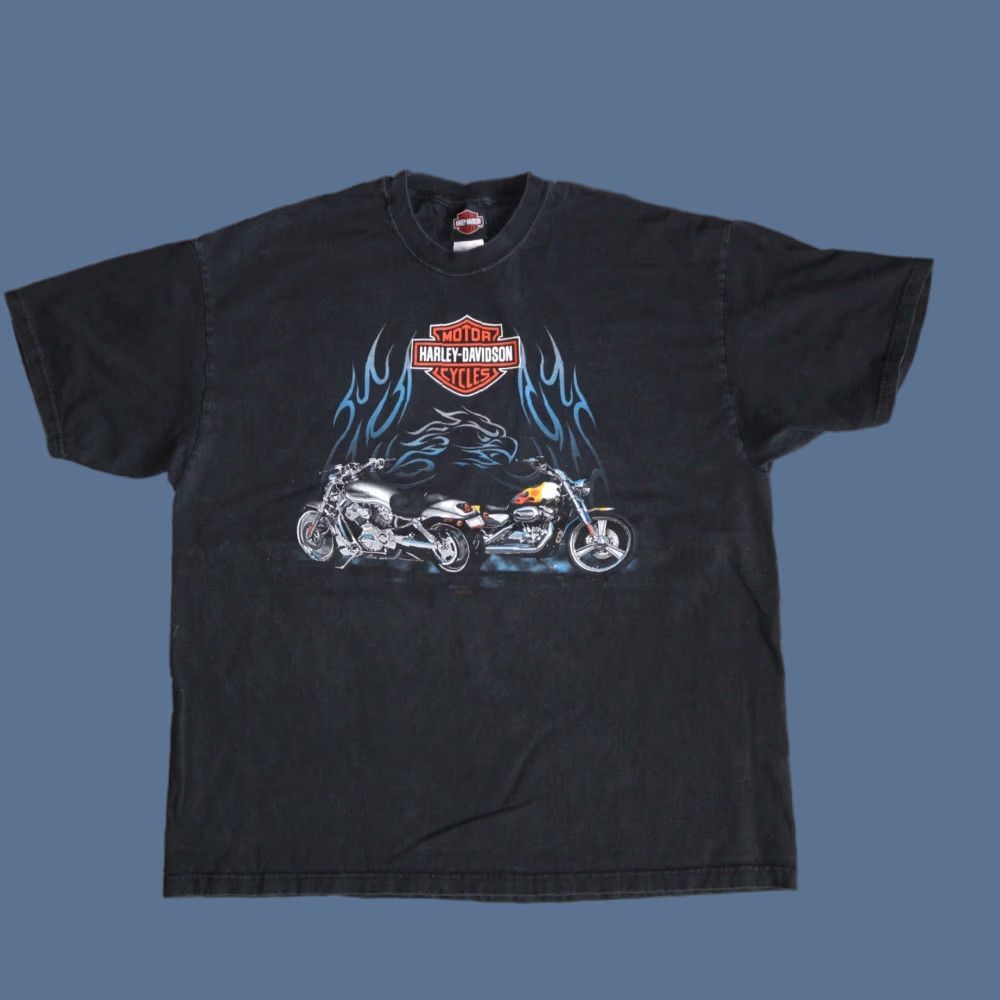 Harley Davidson Vintage Harley-Davidson Shirt Motorcycle Black Y2K Double-Sided Flames Gradient Blue Choppers XL Men T-Shirt