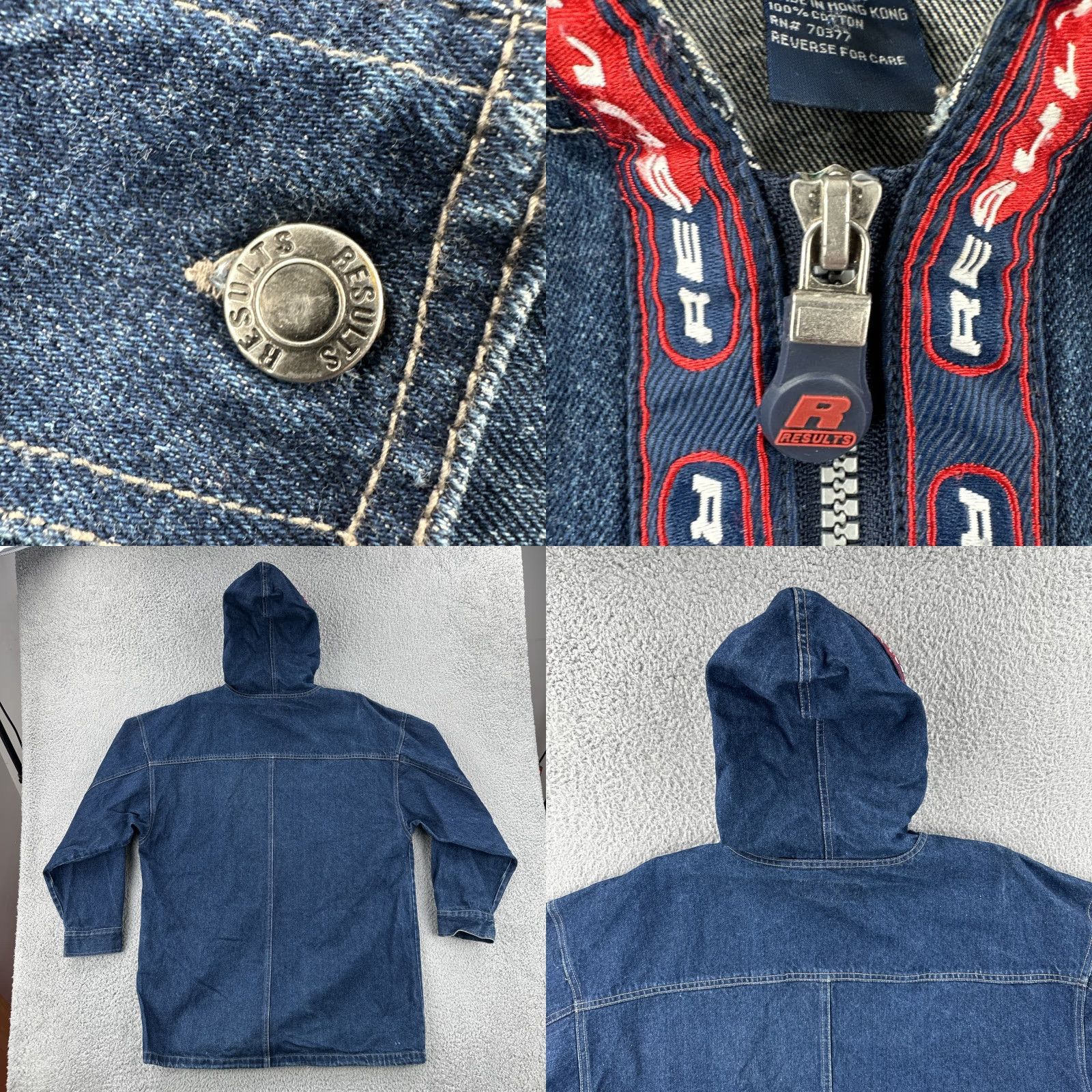 Vintage VINTAGE Results Jeans XL Embroidered Blue Denim Hooded 1/4 Zip Anorak Jacket 90s Mens Size US 36 / EU 52 - 10 Thumbnail