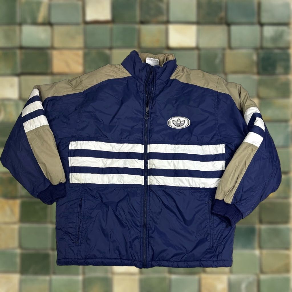 Adidas VINTAGE Adidas Puffer Jacket Men M Blue Tan Stripes 90s Y2K Nike? Size US M / EU 48-50 / 2 - 1 Thumbnail
