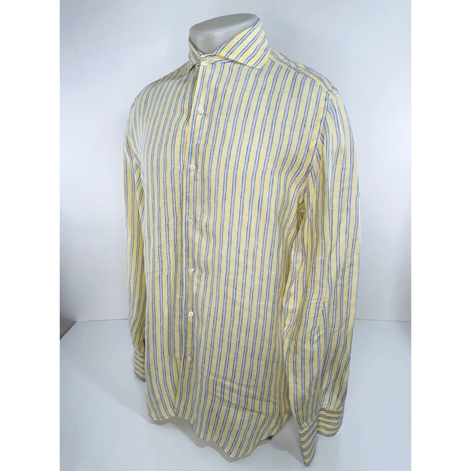 Vintage GIAMPAOLO Striped Linen Shirt Mens 40 XL? 40 Linen Shirt Men Long Sleeve Button-Up Yellow Blue Red EXCELLENT Size US L / EU 52-54 / 3 - 3 Thumbnail