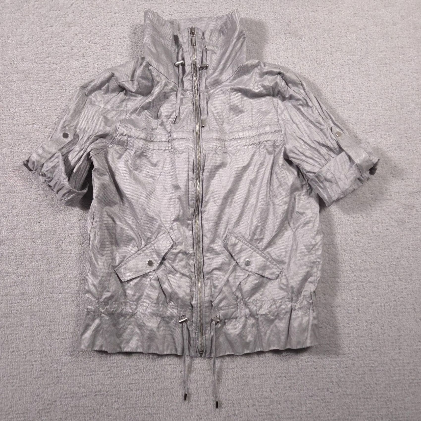 Vintage Zenergy Chico's Jacket Womens 0 Silver Short Sleeve Zip Front Drawstring Windbreaker Shoes? Size 25" / US 0 / IT 36 - 2 Thumbnail