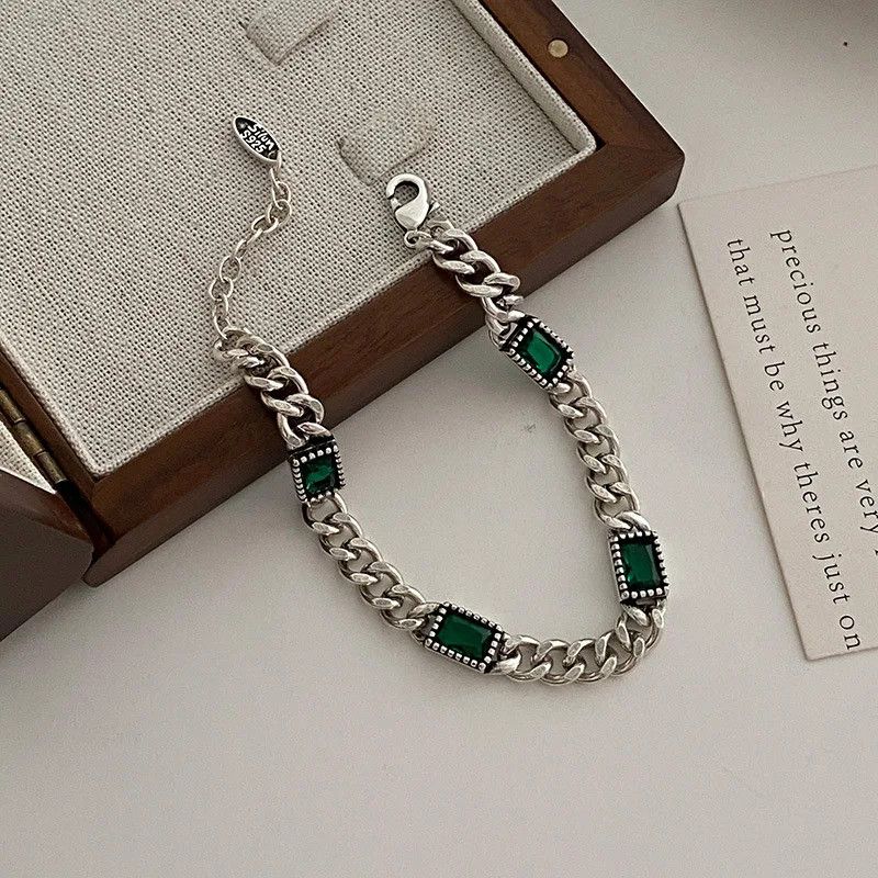 Jewelry Green Stone Retro Chain Bracelet Size ONE SIZE - 2 Thumbnail