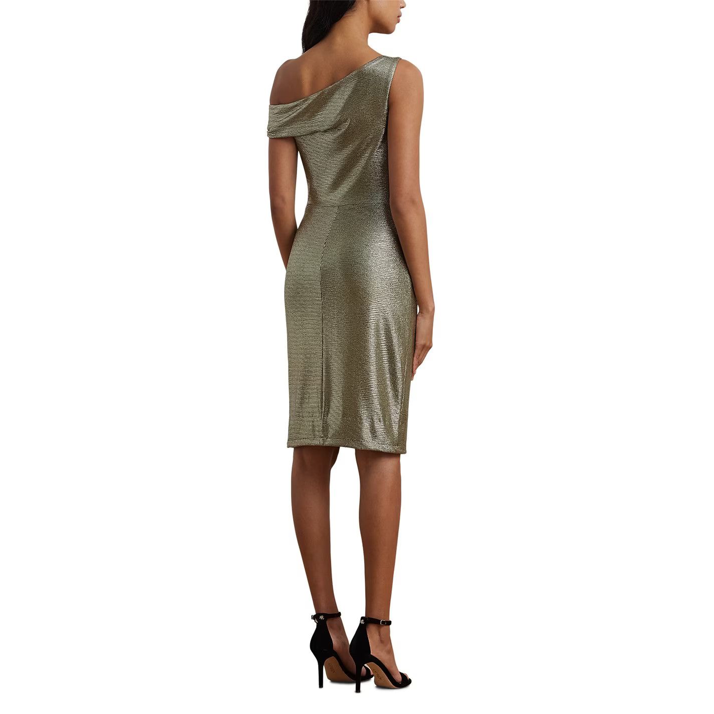 Lauren Ralph Lauren o1g2r1mq0825 Metallic One-Shoulder Cocktail Dress Green/Gold Size L / US 10 / IT 46 - 3 Thumbnail