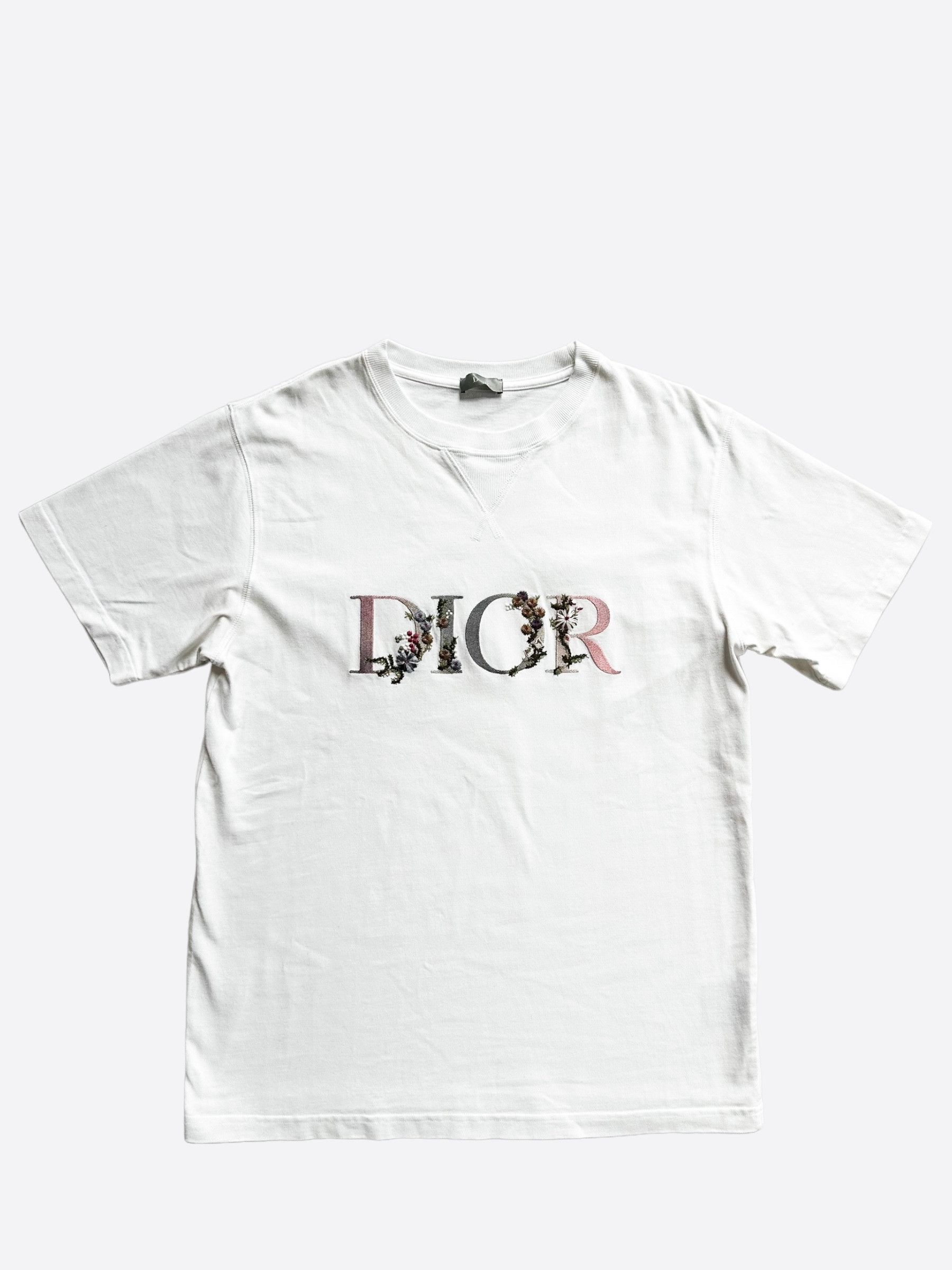 image of Dior White Floral Logo Embroidered T-Shirt, Men's (Size Large)