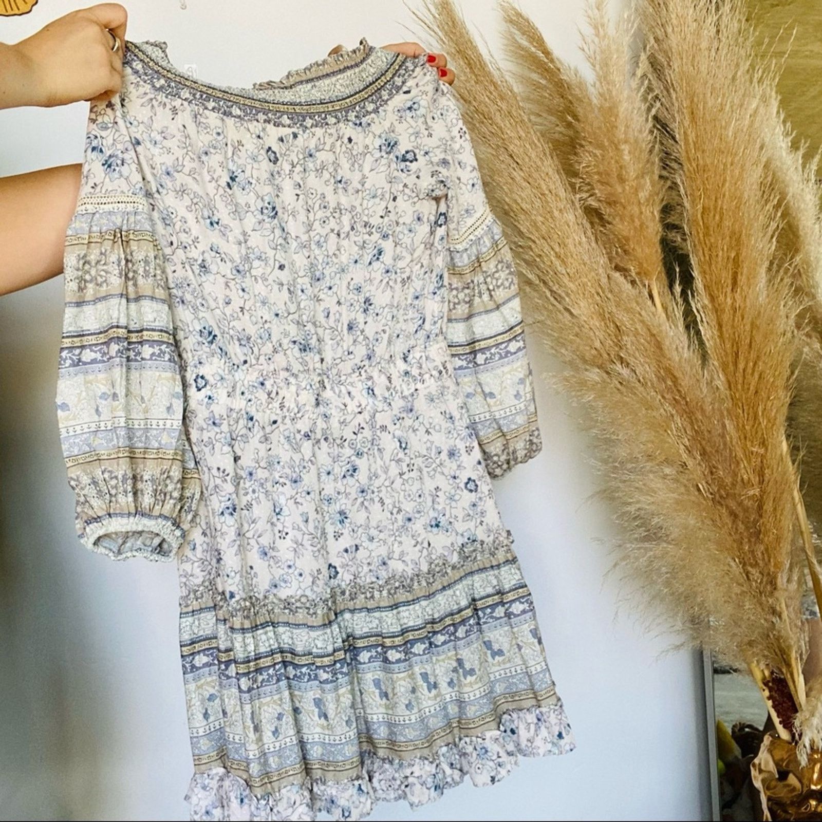 Anthropologie LOVESTITCH Blue White Floral Striped Boho Peasant Mini Dress Size S / US 4 / IT 40 - 6 Thumbnail