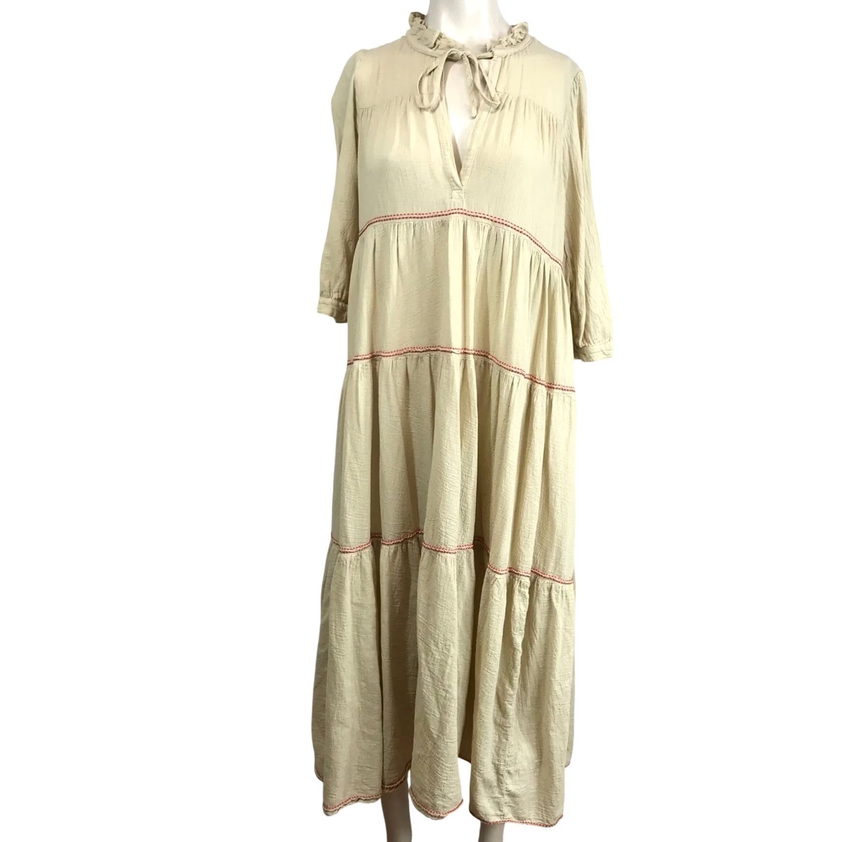 Vintage HONORINE Beige Tiered Maxi Dress Red Stitching Tie Neck Ruffle Collar XS Dress Size XS / US 0-2 / IT 36-38 - 2 Thumbnail
