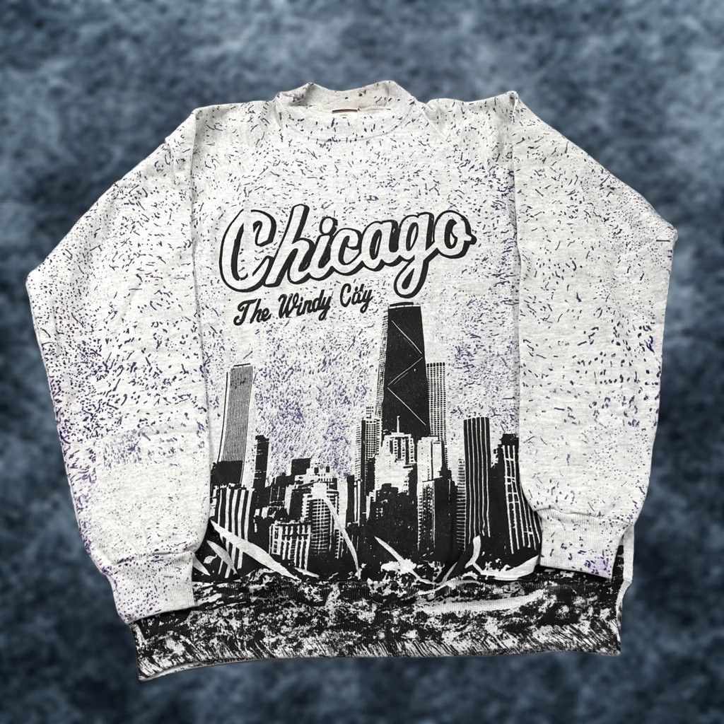 Vintage VINTAGE Chicago Sweatshirt Mens L Gray AOP Windy City Crewneck Paint 90s Size US L / EU 52-54 / 3 - 1 Thumbnail