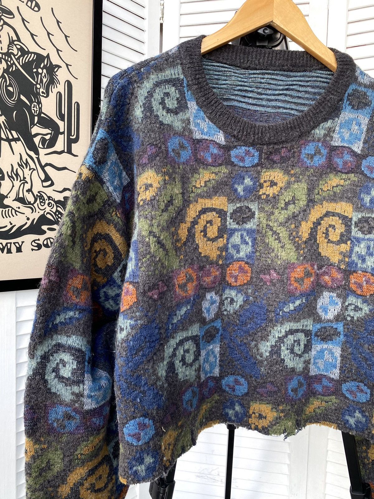 Japanese Brand × Vintage Vintage Abstract Cropped Wool Knit Sweater Baggy Size US L / EU 52-54 / 3 - 6 Thumbnail