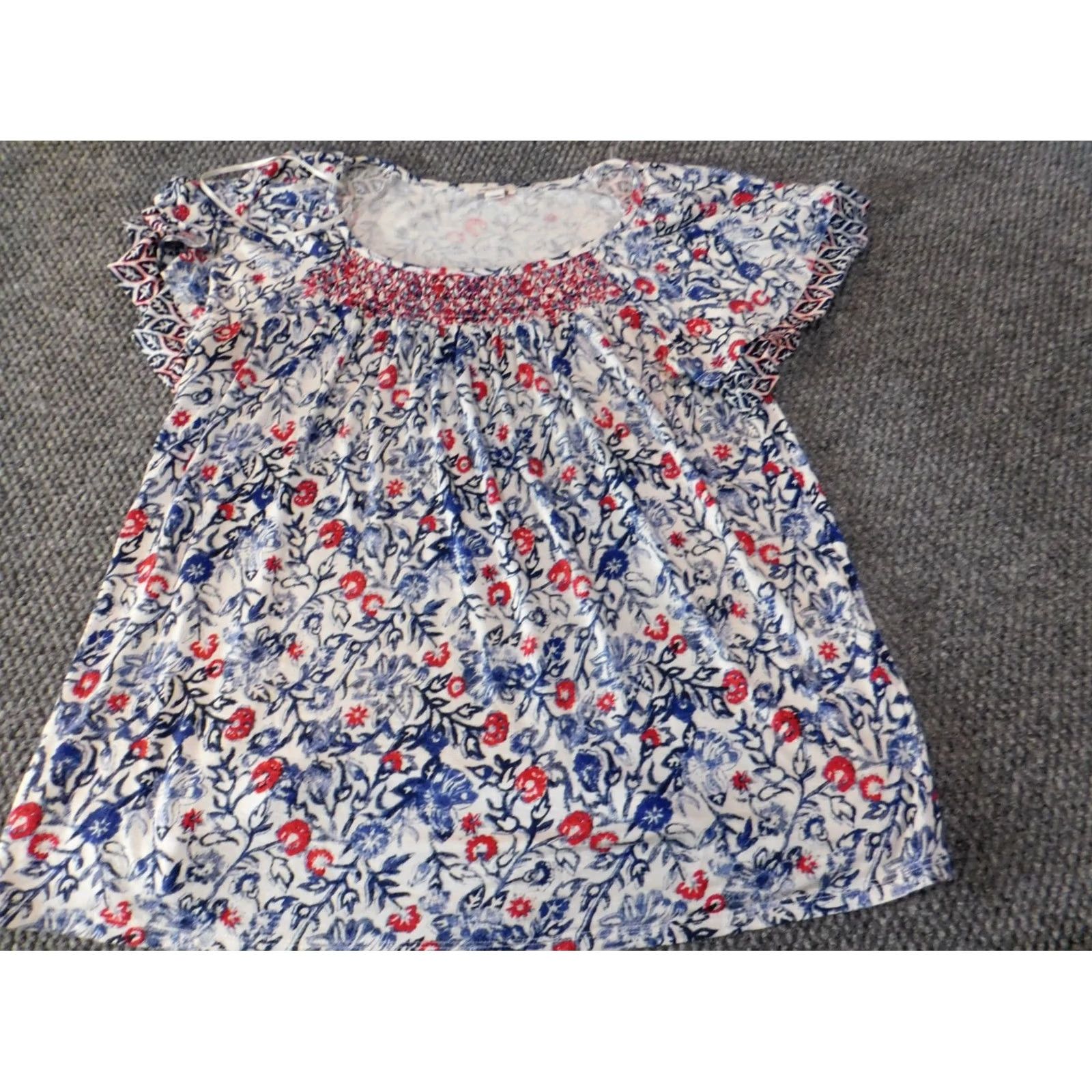 Vintage Westport Womens Blouse S Blue Floral Rayon Spandex Crew Neck Pullover Top Casual Short Sleeve Ruffle Classic Stretch Regular Womens Size S / US 4 / IT 40 - 3 Thumbnail