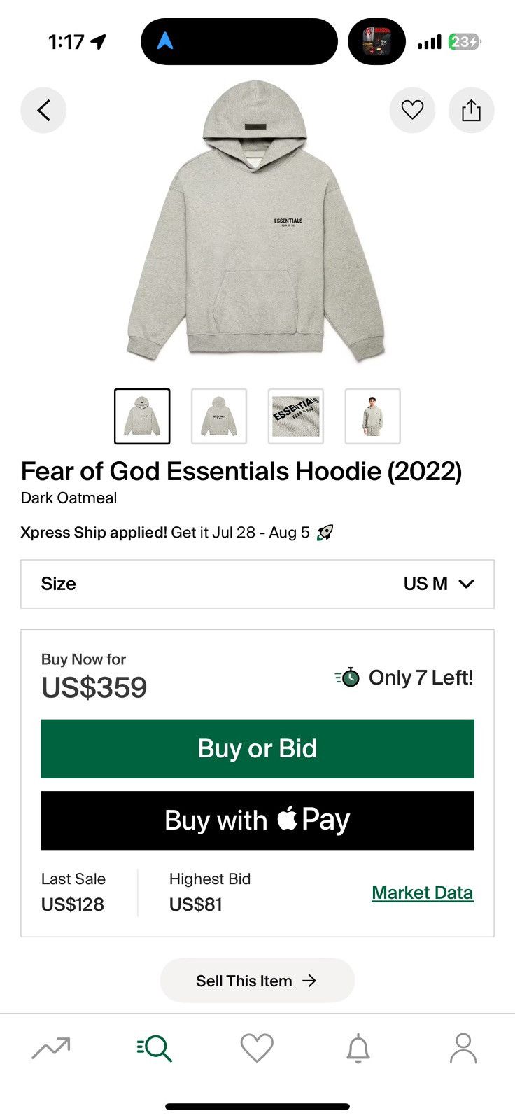 Fear of God Essentials Hoodie Oatmeal Grey Size US M / EU 48-50 / 2 - 6 Thumbnail