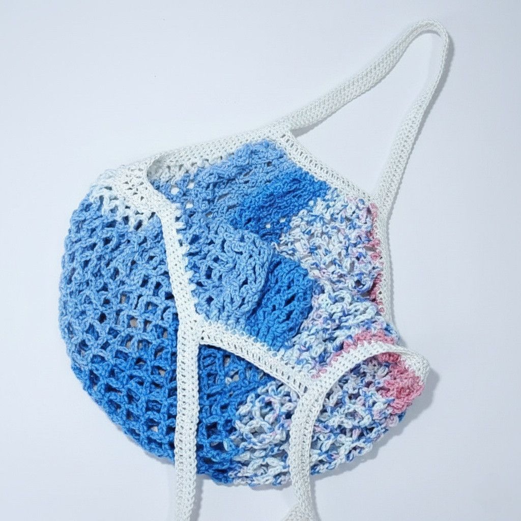Handmade Handmade Blue Farmers Market Bag Crochet French Net Sack Size ONE SIZE - 2 Thumbnail