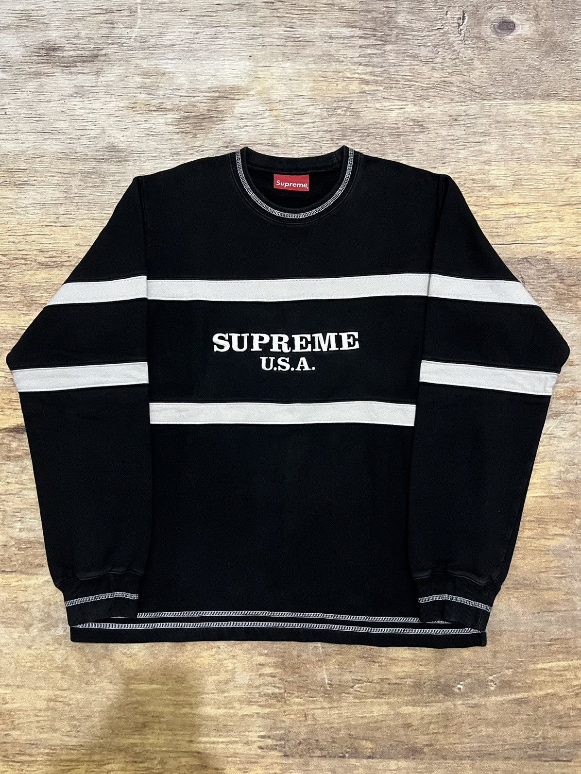 Supreme Supreme Center Stripe Crewneck Black / White FW16 | Grailed