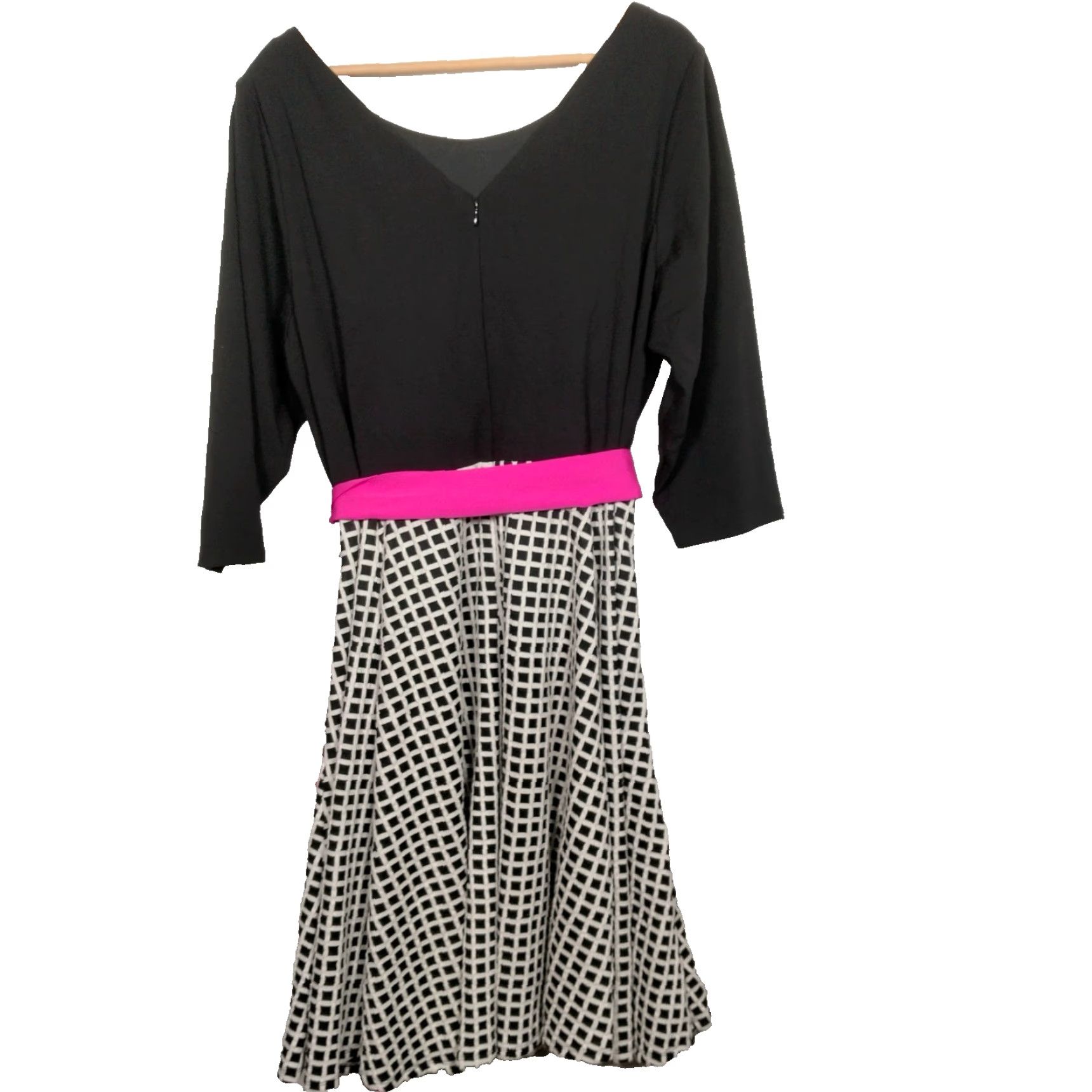 Vintage Eliza J Dress Plus Size 20W Knit Black White Checkered Belt Rockabilly Dress Midi 3/4 Sleeve Scoop Neck Belted Vintage Look Woman Girls Mens Size 3XL / US 20-22 - 2 Thumbnail