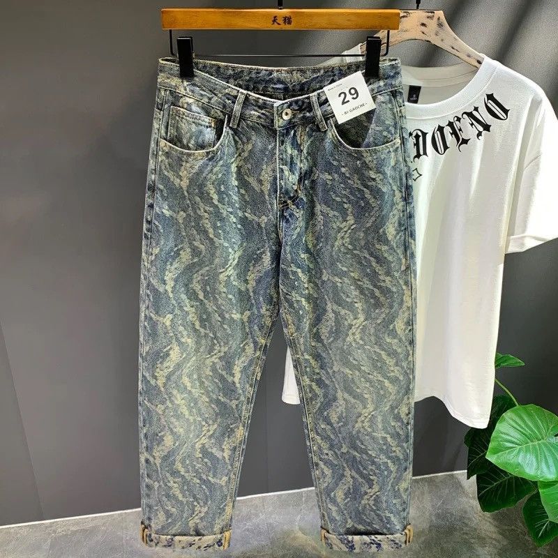 image of Vintage Hip Hop Trend Jacquard Printed Jeans in Blue, Men's (Size 31)