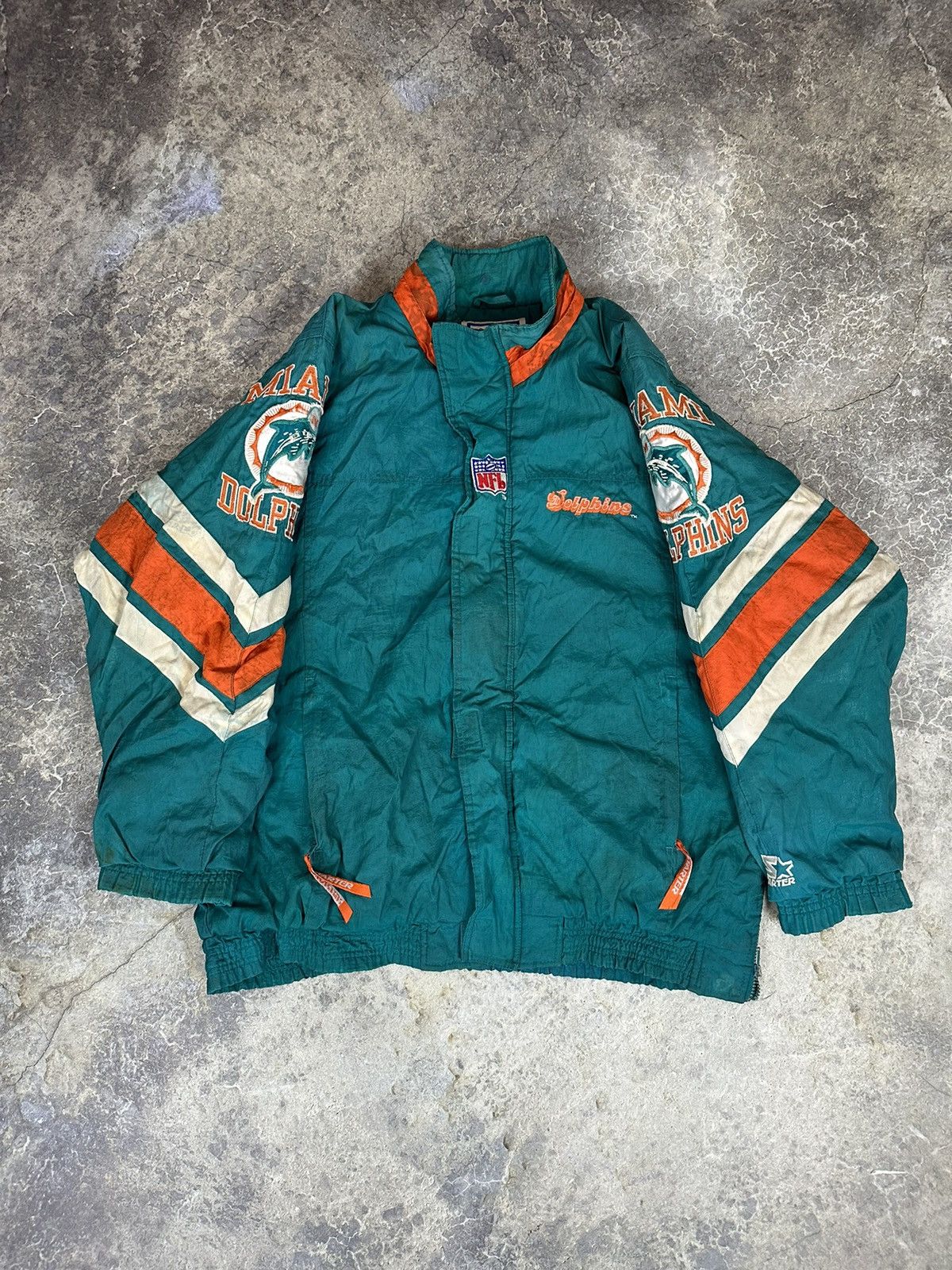 image of Nfl x Starter Vintage Miami Dolphins Distressed Starter Jacket, Men's (Size Large)