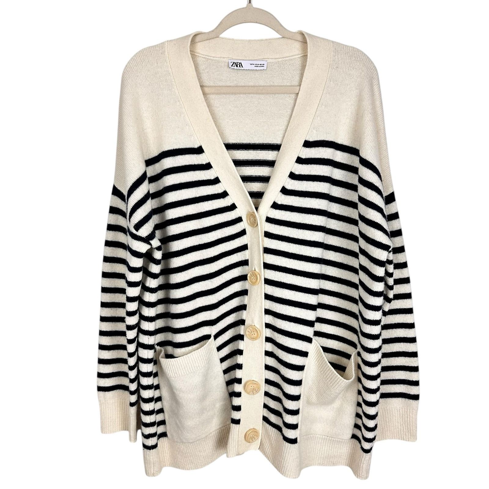 Zara Zara Black Ecru Striped Oversized Wool V-neck Cardigan Sz M Size M / US 6-8 / IT 42-44 - 3 Thumbnail