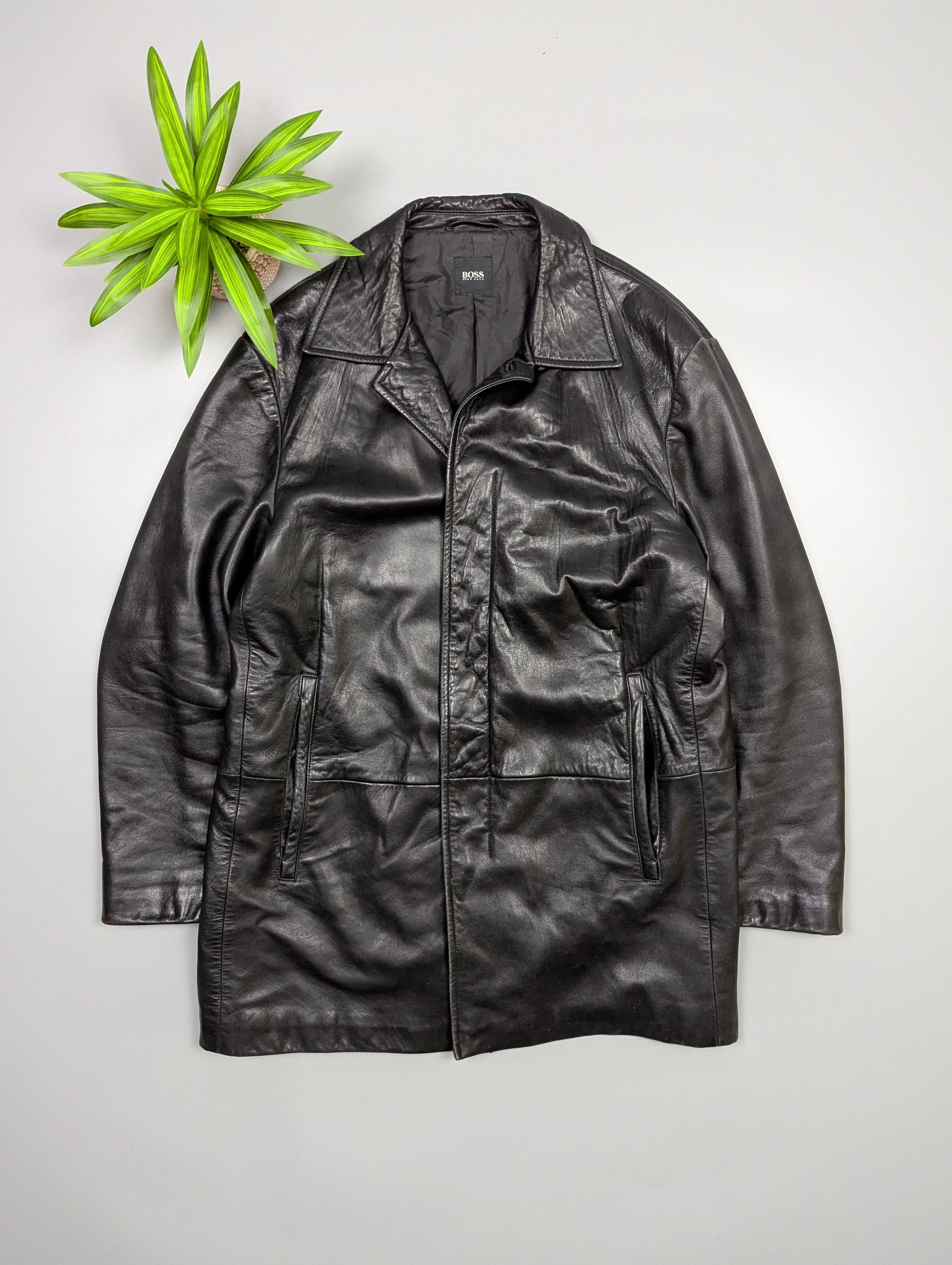 VTG Hugo Boss Black Leather Jacket Coat L/XL