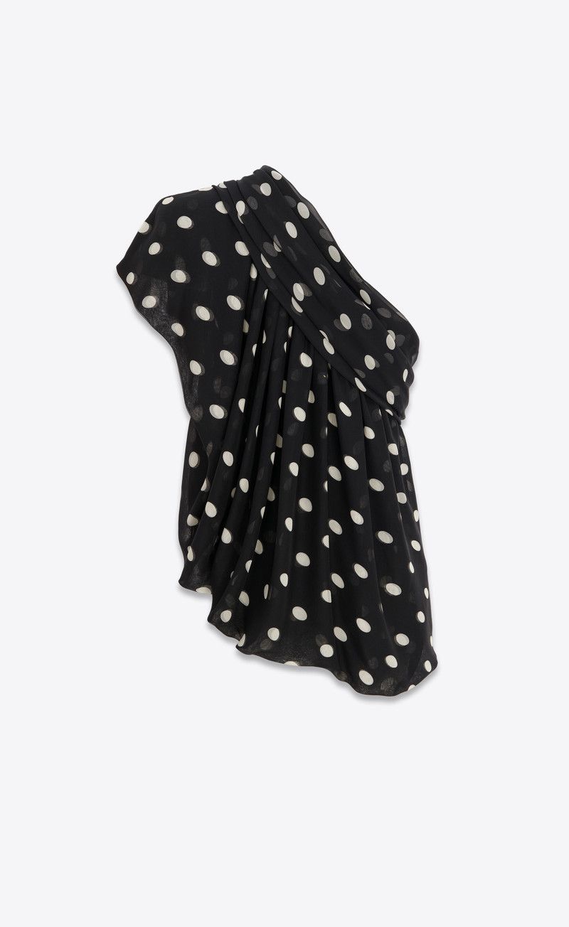 Saint Laurent Paris oc11z1225 774927 Draped Oone-Shoulder Top Dotted Silk Muslin Size US L / EU 52-54 / 3 - 3 Thumbnail
