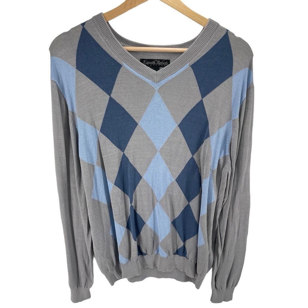 Other Kenneth Roberts Men’s Silk Blend Argyle V Neck Pullover Sweater Gray Blue Large Size US L / EU 52-54 / 3 - 1 Thumbnail