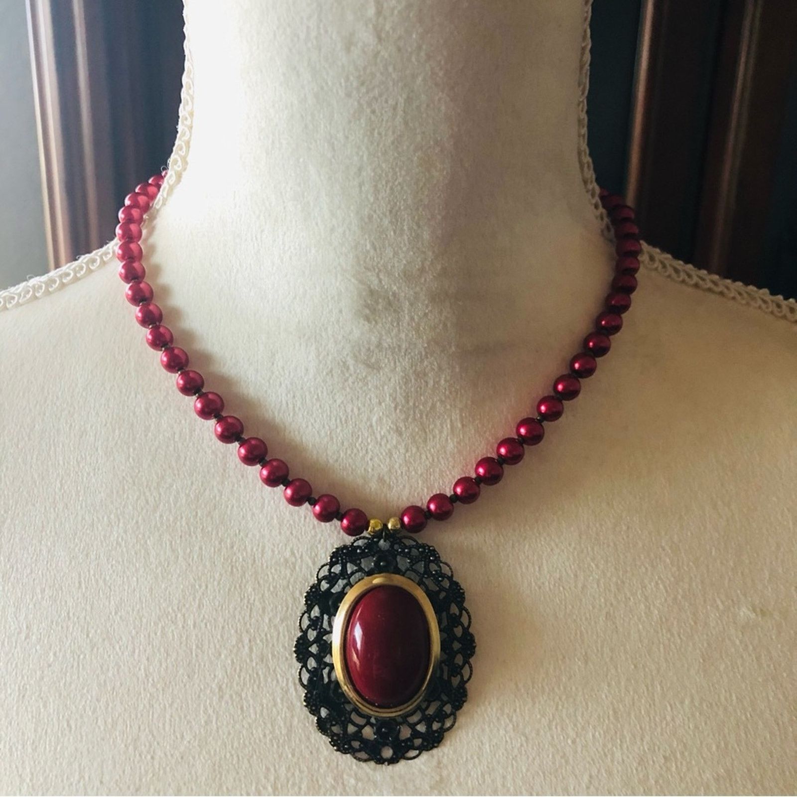 Handmade Handcrafted repurpose red cabochon filigree Pearl necklace Size ONE SIZE - 2 Thumbnail