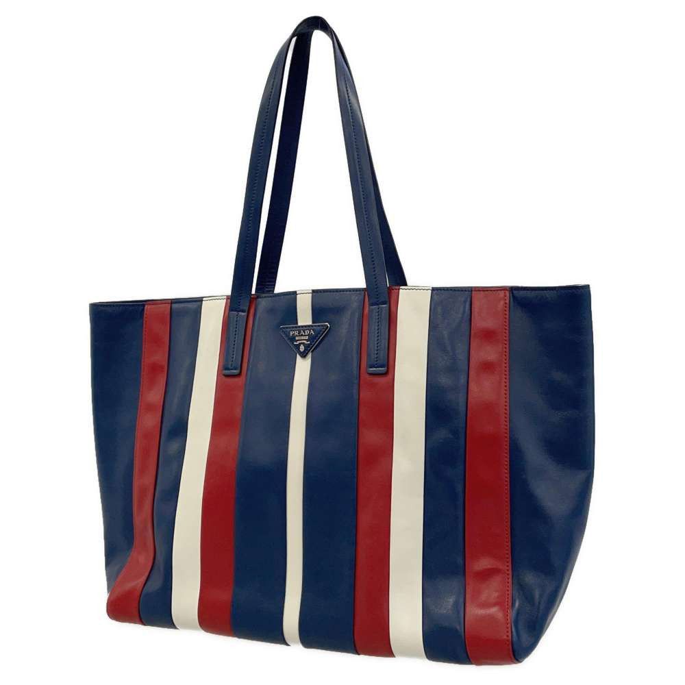 image of Prada Tote Bag Logo Stripe Blue Red White Leather, Women's