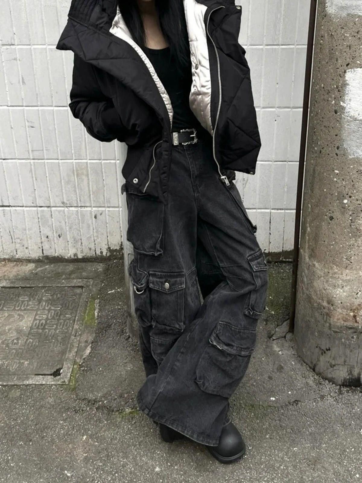 Jean Black Baggy Distressed Cargo Jeans, Wide Leg Pants Size US 28 / EU 44 - 4 Thumbnail
