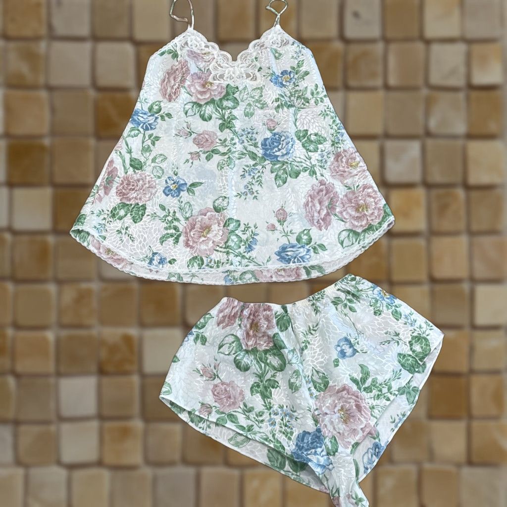 Vintage VINTAGE Deena Women's Sleep Set 2 Piece Floral Tank Camisole Top & Tap Pants Size Medium White Size M / US 6-8 / IT 42-44 - 1 Thumbnail