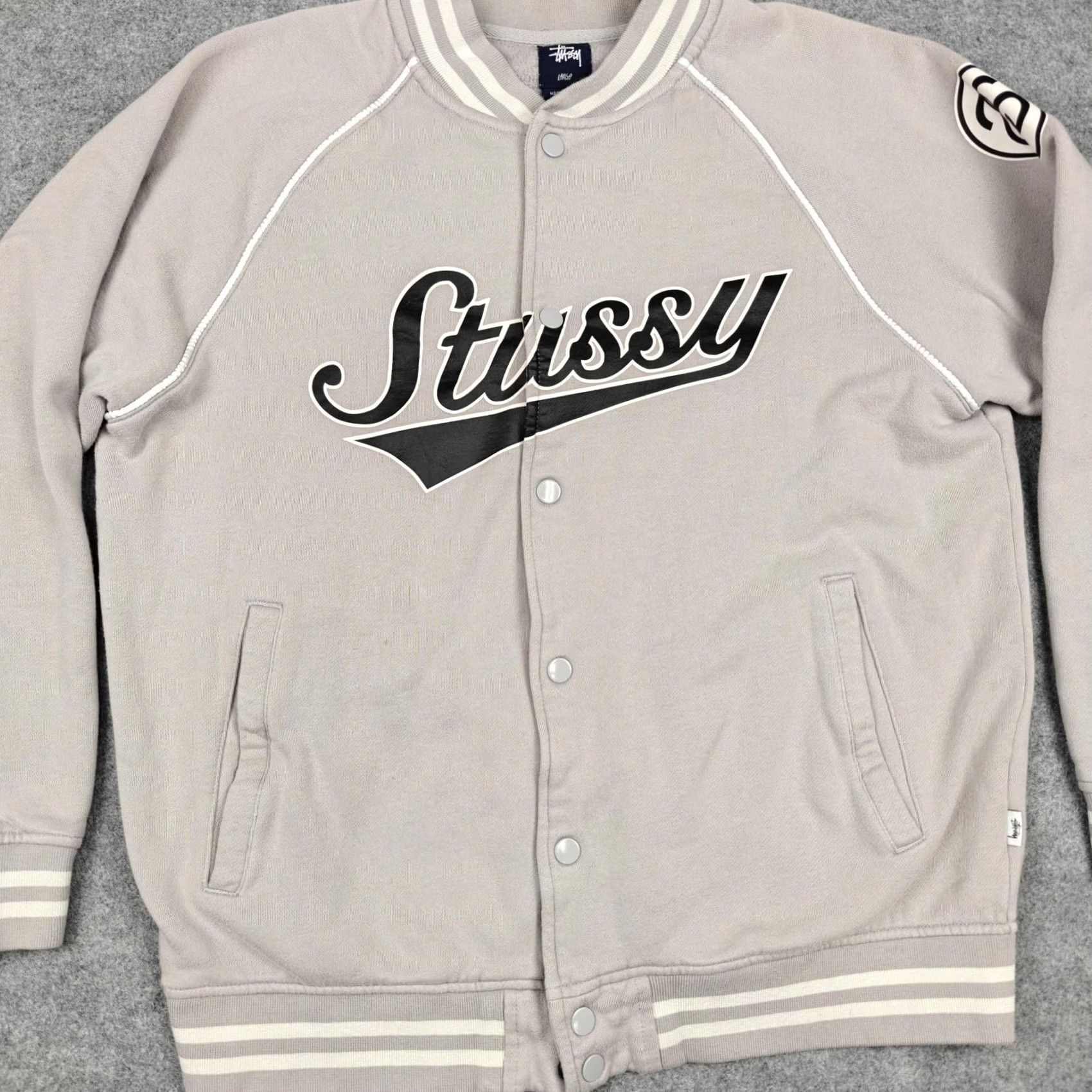 Logo 7 Stussy Jacket Mens Large Gray Fleece Varsity Snap Front Logo Pockets Striped Size US L / EU 52-54 / 3 - 2 Thumbnail