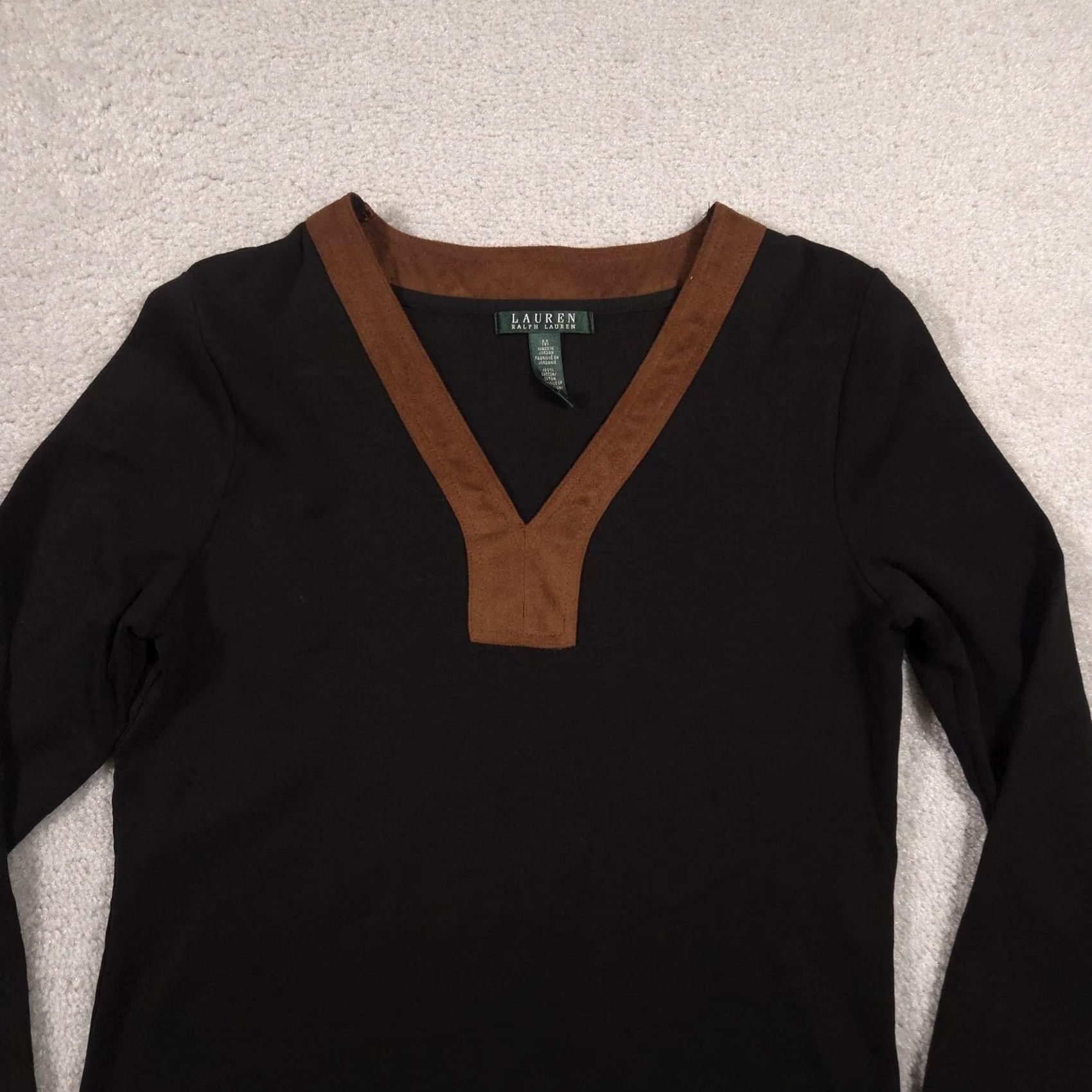 Ralph Lauren VINTAGE? No. Lauren Ralph Lauren Shirt Womens Medium Black Suede Trim 3/4 Sleeve Tunic Top Size M / US 6-8 / IT 42-44 - 3 Thumbnail