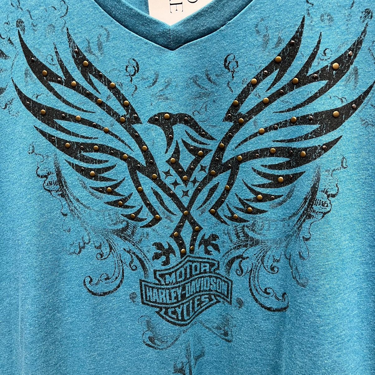 Harley Davidson × Vintage Harley Davidson Women's Blue Eagle Brass Studded Biker Tee Size L / US 10 / IT 46 - 2 Thumbnail