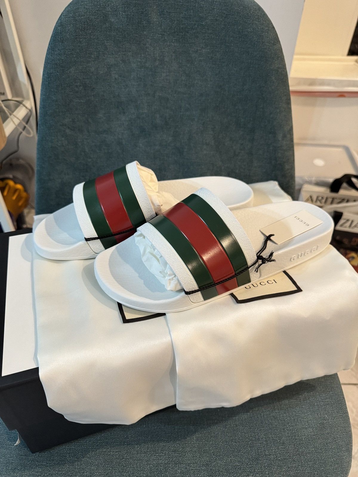 White gucci pool slides sales
