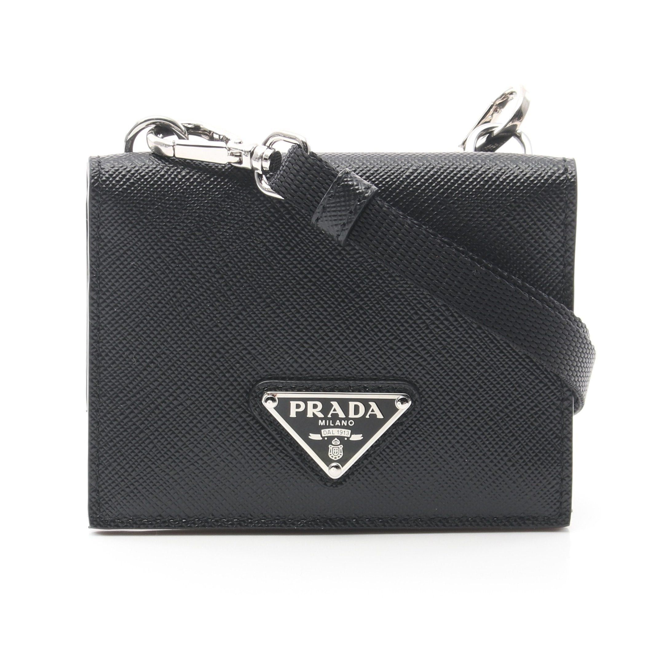 Prada Saffiano Triang Coin Purse Bi-Fold Wallet Card Case Leather