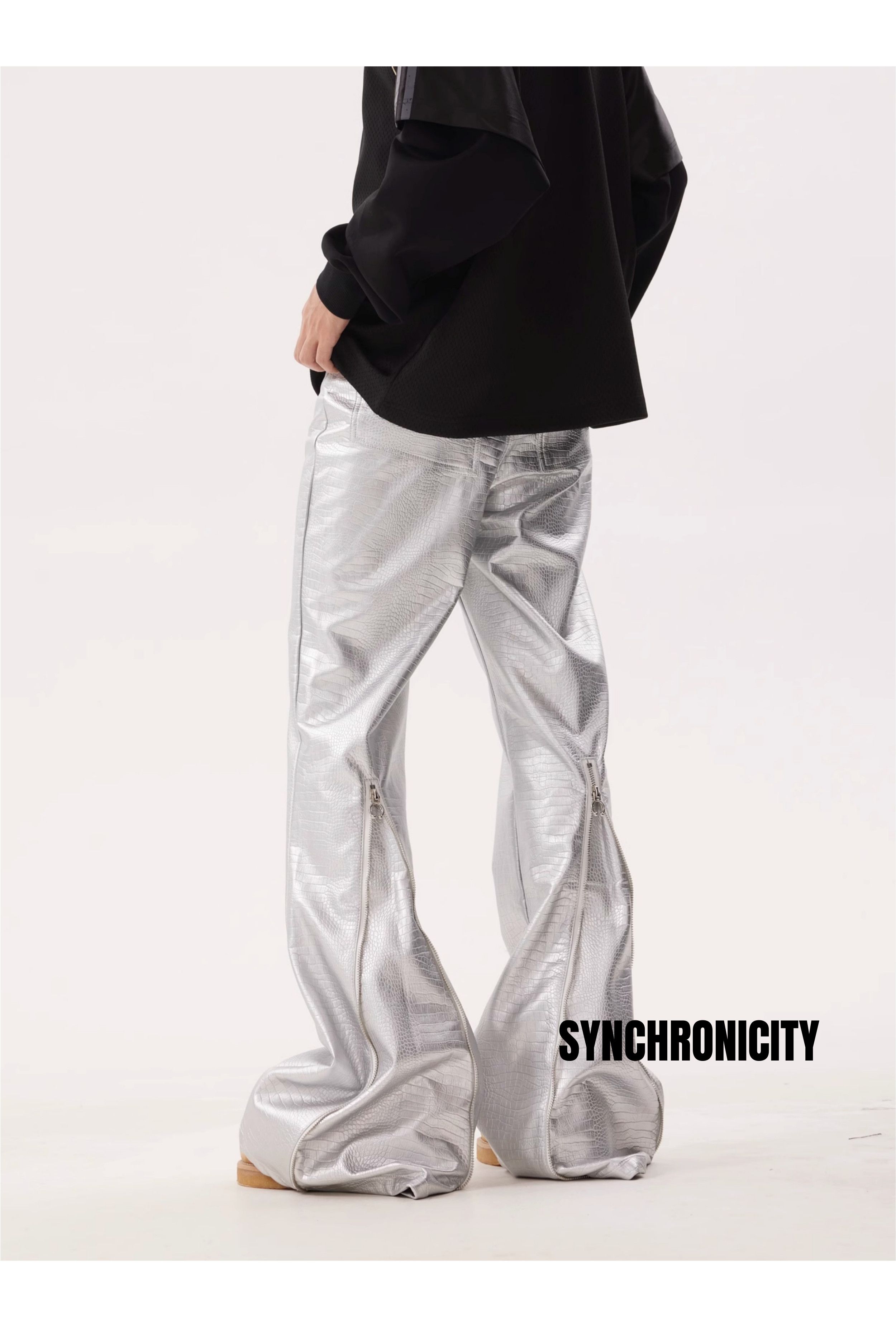 Zipper Stacked Flare Leather Jeans, Opium Jeans - Bottoms