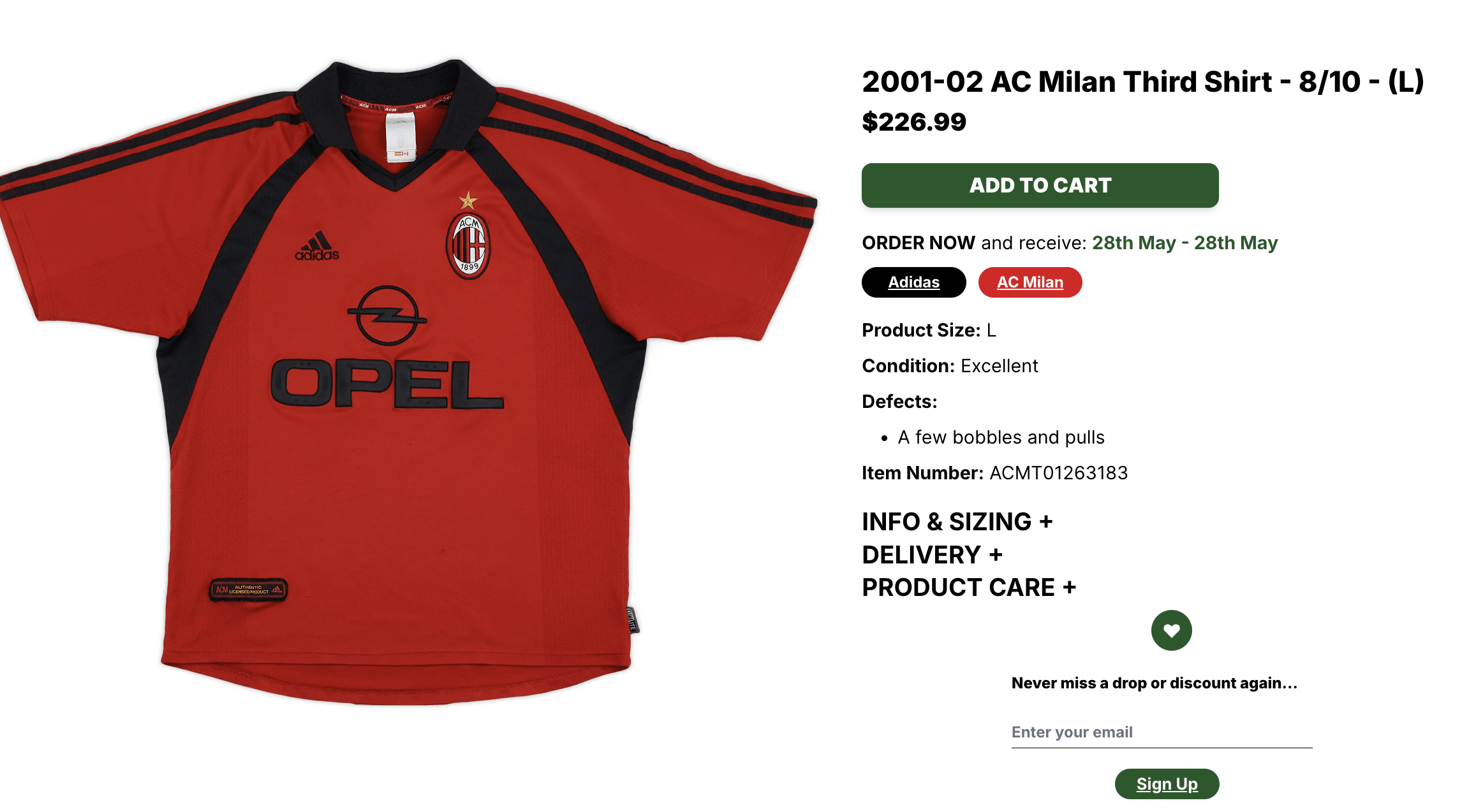 2002-03 AC Milan Home Shirt Inzaghi #9 M 156165 Adidas