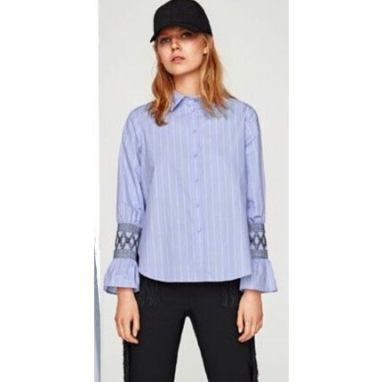 Zara Zara Basic Women’s Blue and White Striped Button Up Long Sle Size L / US 10 / IT 46 - 1 Thumbnail