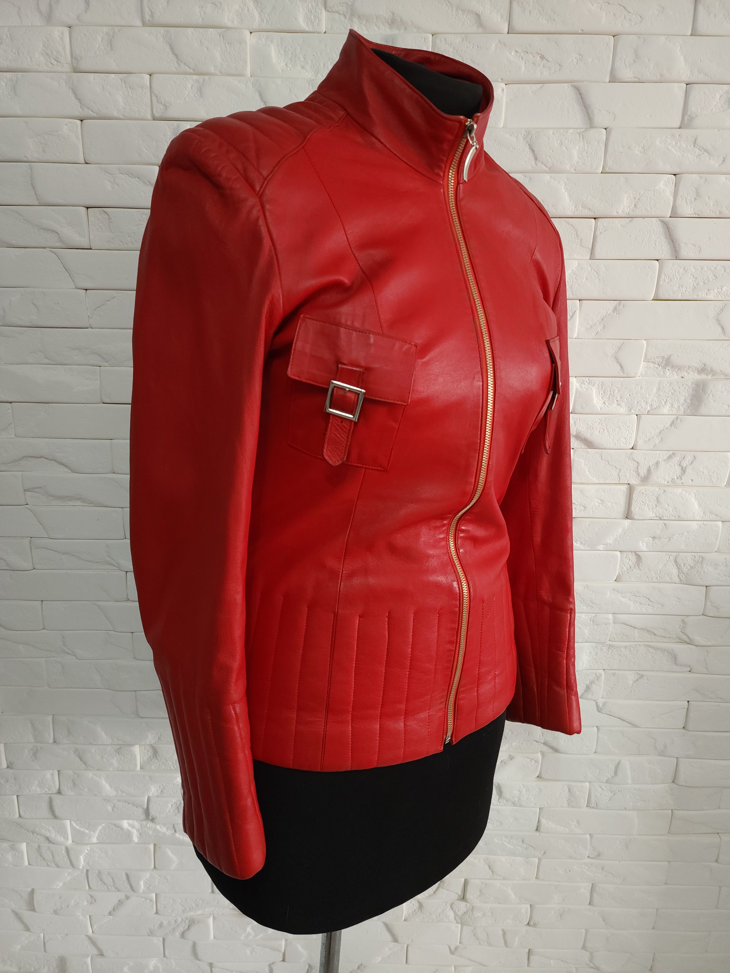 Genuine Leather Stylish women's red leather jacket with a metal zipper. Size M / US 6-8 / IT 42-44 - 3 Thumbnail