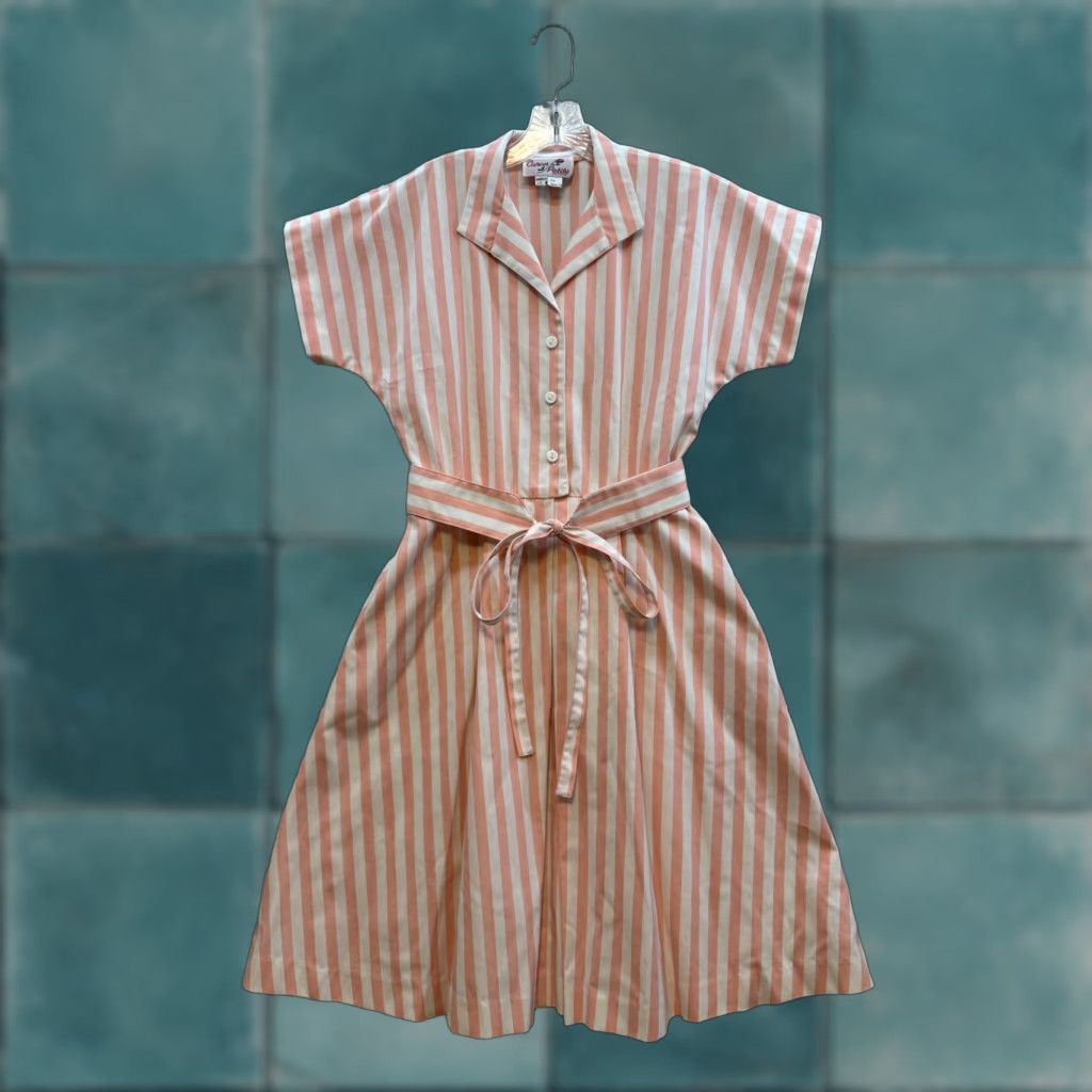 Pinko VINTAGE 1960s Dress Large 12 Salmon Pink Vertical Striped Rockabilly Caron Brand Womens Size XL / US 12-14 / IT 48-50 - 1 Thumbnail