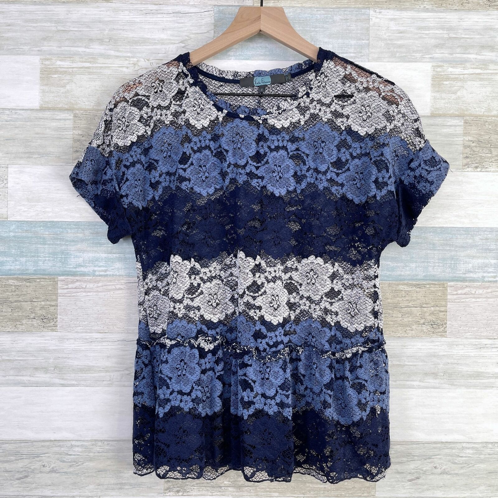 Eva Franco Eva Franco Floral Lace Peplum Top Blue Striped Sheer Small Size S / US 4 / IT 40 - 1 Thumbnail