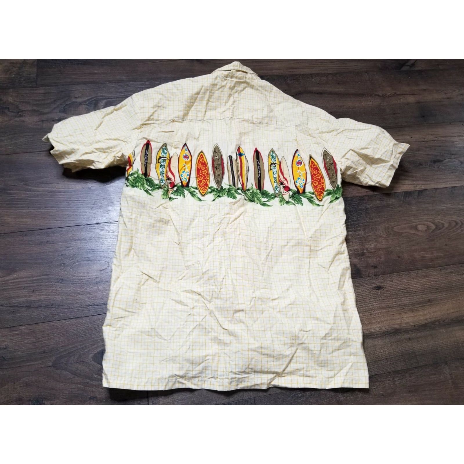 ALOHAS VINTAGE Aloha Republic Mens Hawaiian Shirt Plaid Surf Boards T M Yellow Cotton Button-Up Short Sleeve Collared Ship Size US M / EU 48-50 / 2 - 2 Thumbnail