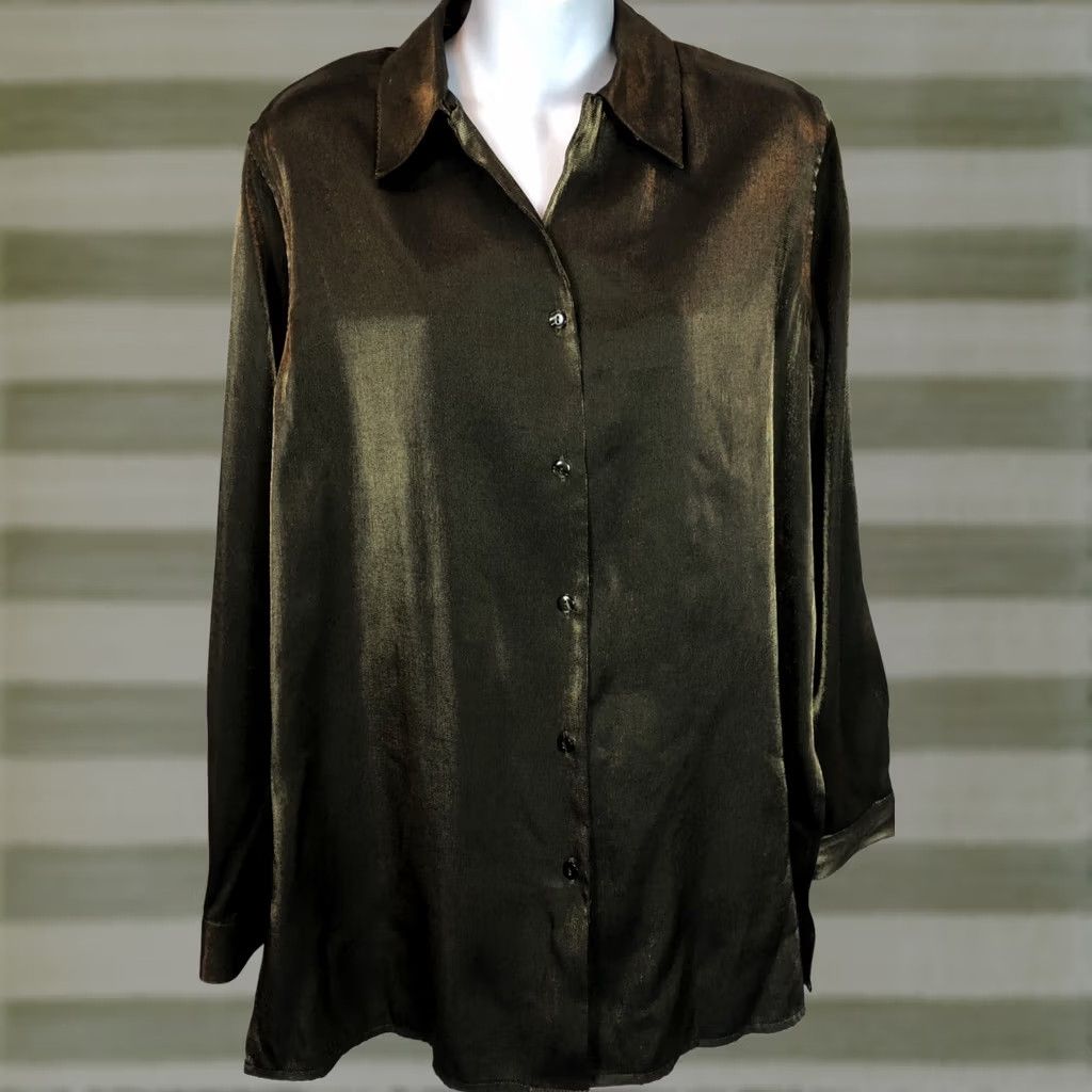 Vintage VINTAGE Jaclyn Smith Button-Up Top Blouse 8 Gold Sparkle Long Sleeve Collared Fairy 90s Women's Clothing Size M / US 6-8 / IT 42-44 - 1 Thumbnail