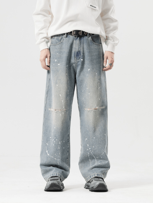 Japanese Brand × Jean American retro distressed ink-splashed wide-leg ripped jeans Size US 32 / EU 48 - 1 Thumbnail