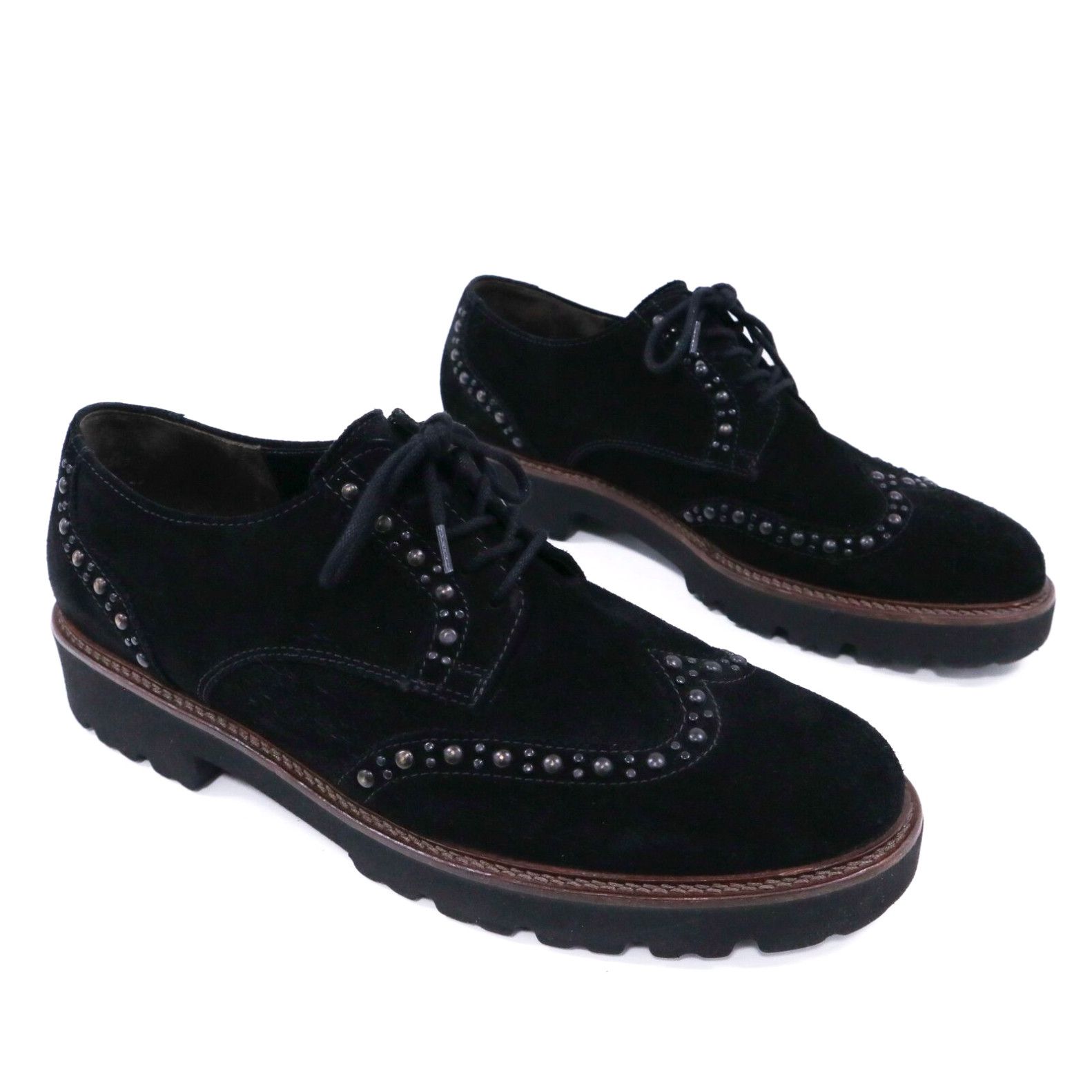 image of Vintage Gabor Oxford Brogue Flats Womens Us 9.5 Eu 40 Uk 7.5 Black Suede Leather Studded in White
