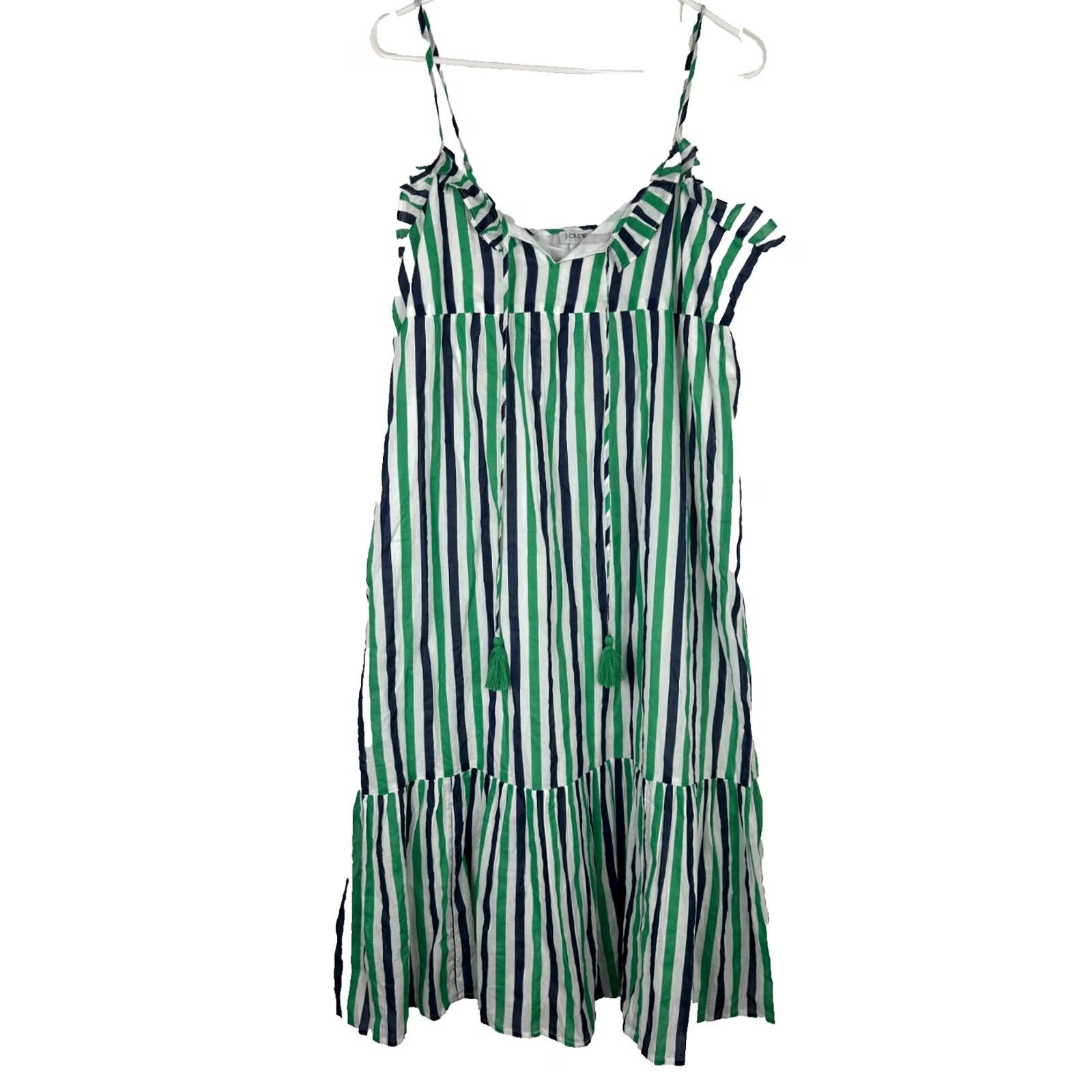 J.Crew J.CREW Factory Dress Women Size M Ruffle Tiered Maxi Cover-Up Striped Keyhole Sleeveless 100% Cotton NWT Green Navy White