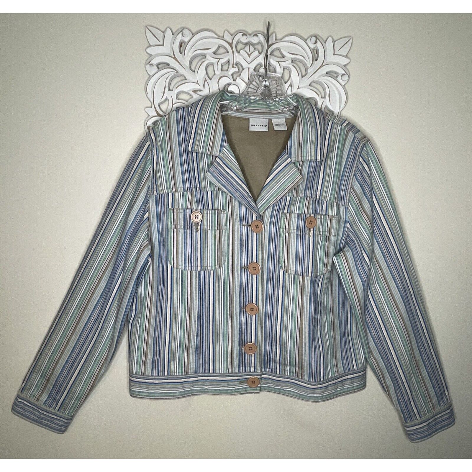 Other KIM ROGERS size L Denim Jacket BLUE GREEN Striped COTTON Size L / US 10 / IT 46 - 4 Thumbnail