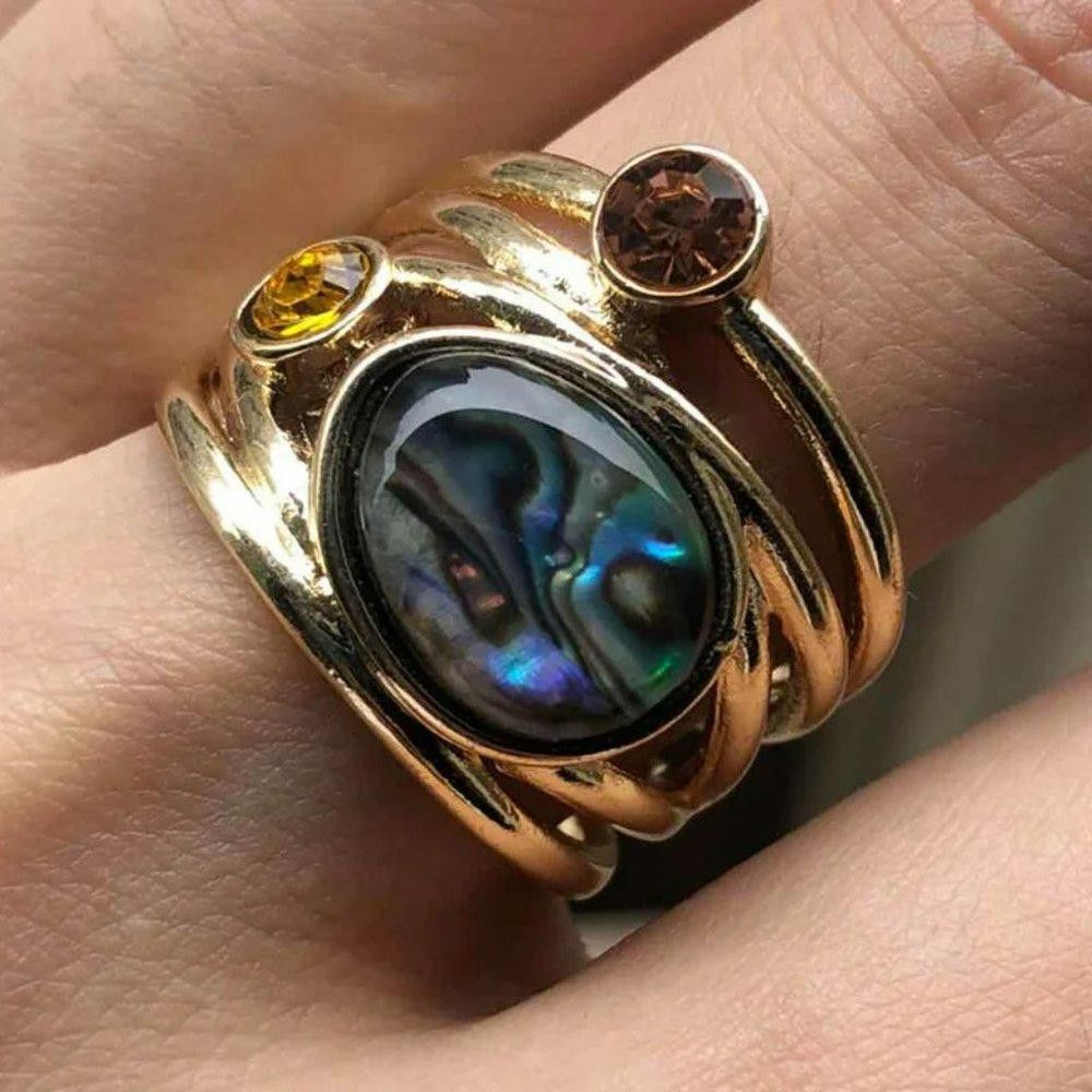Designer Retro Moonstone Mosaic Gold Bohemian Ring - Size 6 Size ONE SIZE - 2 Thumbnail
