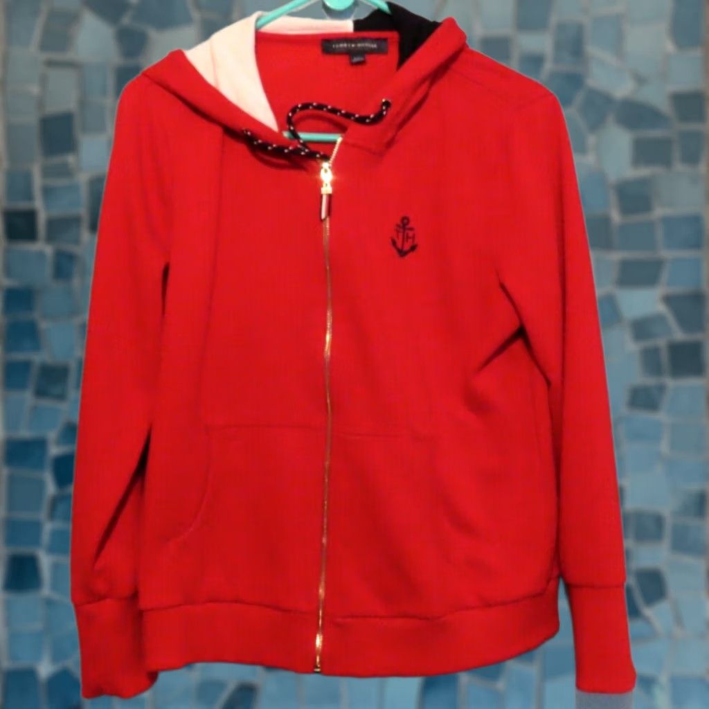 Tommy Hilfiger Tommy Hilfiger Full Zip Hoodie Mens Large Red Cotton Blend Knit Logo Pocket Hooded Size US L / EU 52-54 / 3 - 1 Thumbnail